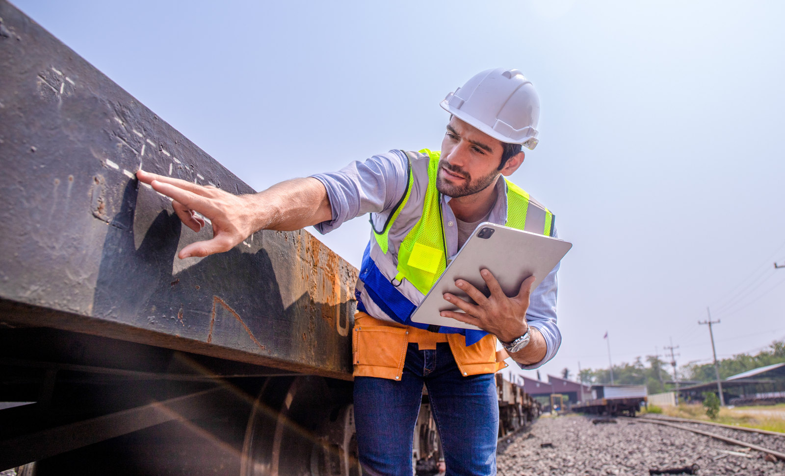 Auditeur qualité contrôlant un équipement sur le terrain avec une tablette, audit ISO 9001 réalisé dans le logiciel Izypeo