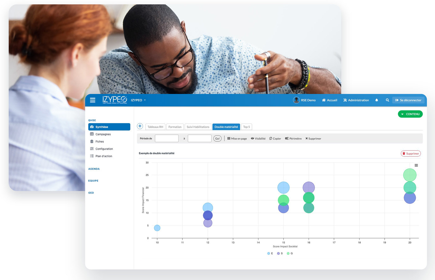 Logiciel RSE Izypeo : deux collaborateurs analysant des indicateurs sur ordinateur portable et matrice de double matérialité, score d’impact financier et sociétal