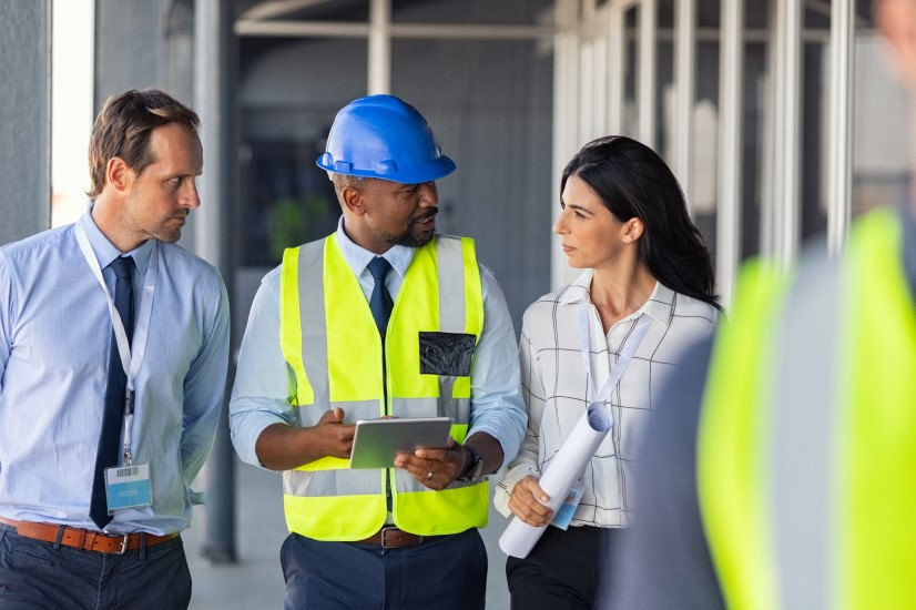 Responsable QHSE en visite de chantier avec un casque et une tablette, accompagné de deux collaborateurs